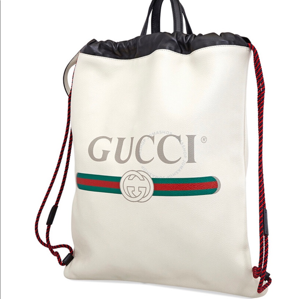 GUCCI Printed Logo Leather Backpack White